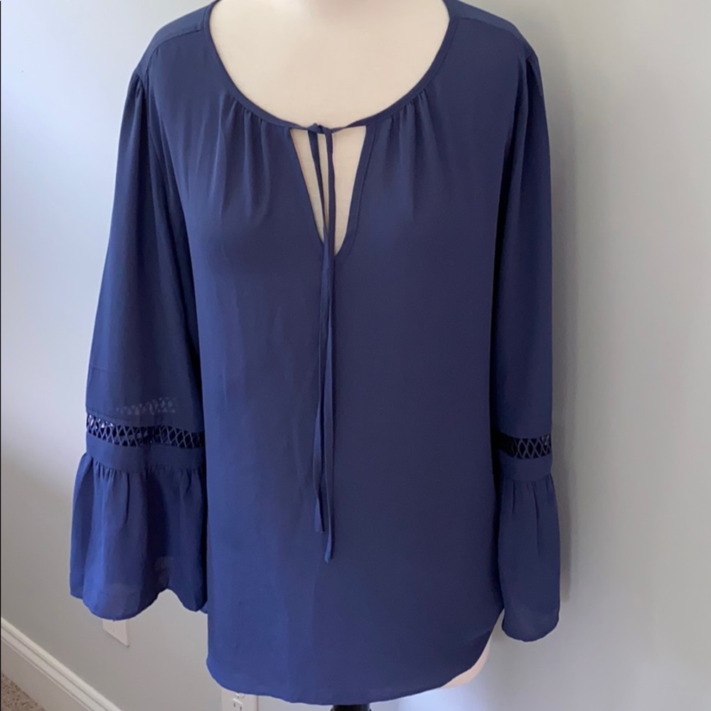 LOFT Navy Blue Peasant Blouse with Tie Neck and Crochet Bell Sleeves